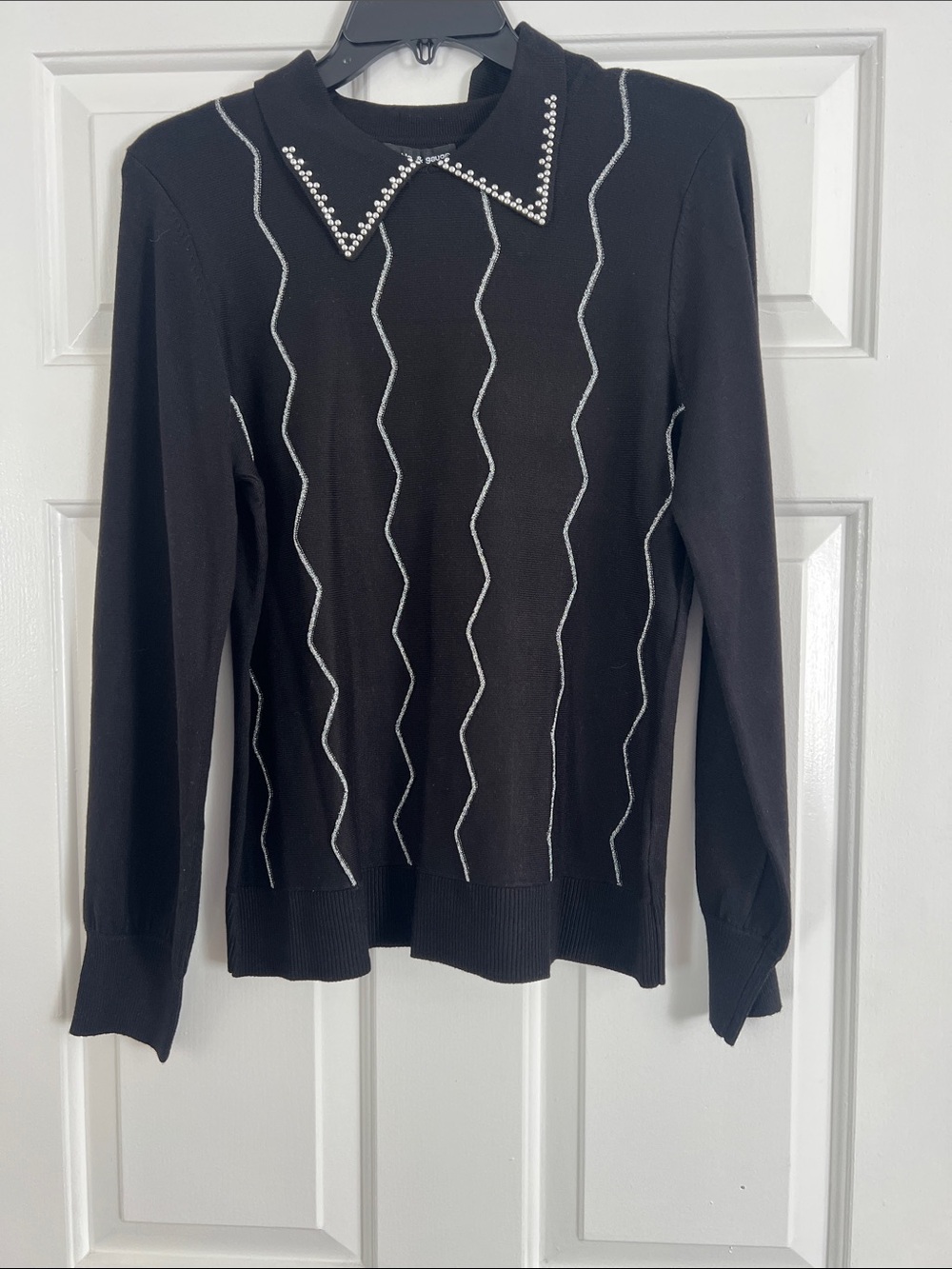 Cable & Gauge Black Sweater with Rhinestone-Trimmed Collar